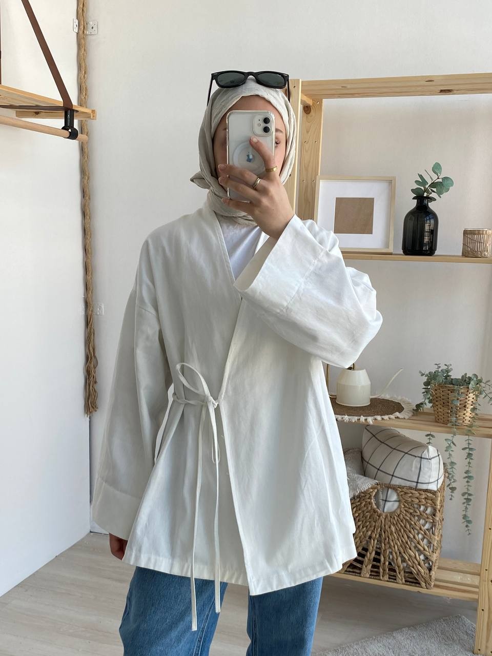 Gabardin Belden Bağlamalı Kimono - Beyaz