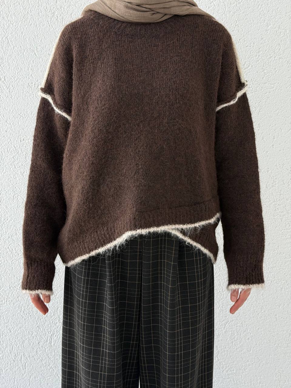 Örgü Biyeli Triko Kazak 7019 - Kahve