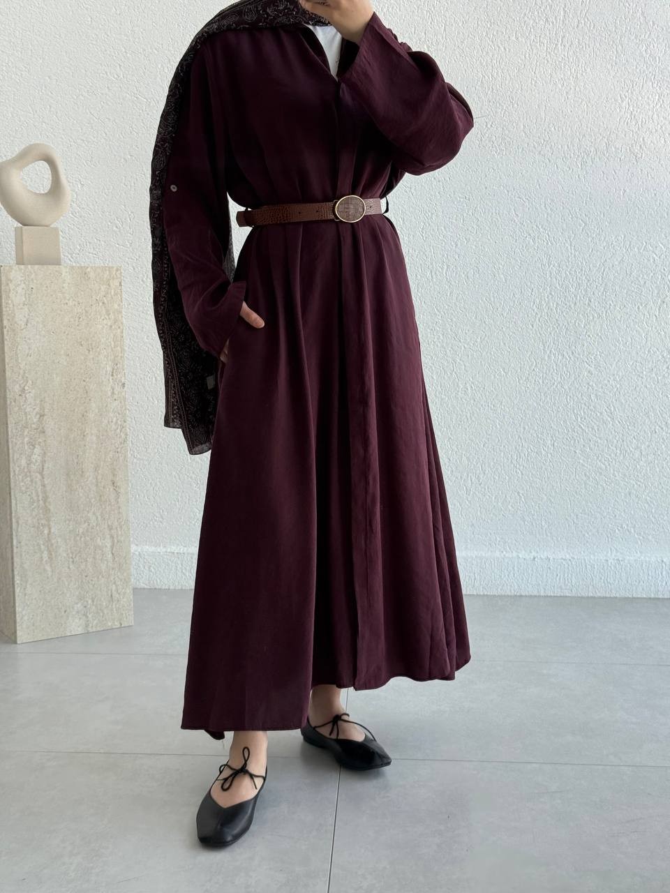 Tencel Önden Düğmeli Kemerli Tunik - Elbise - bordo