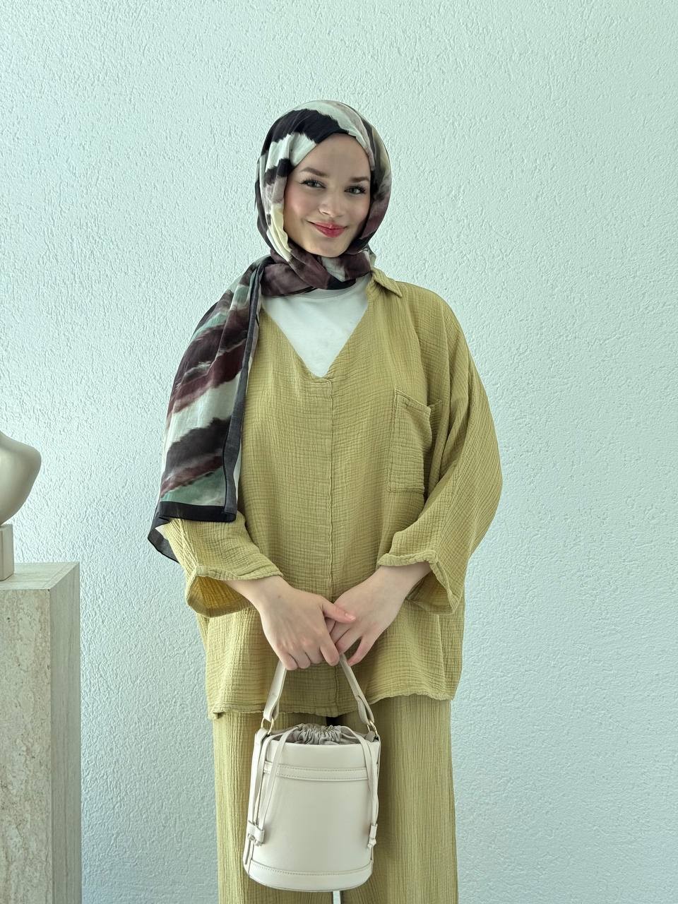 Müslin Polo Yaka Gömlek 1180 - Yağ Yeşili