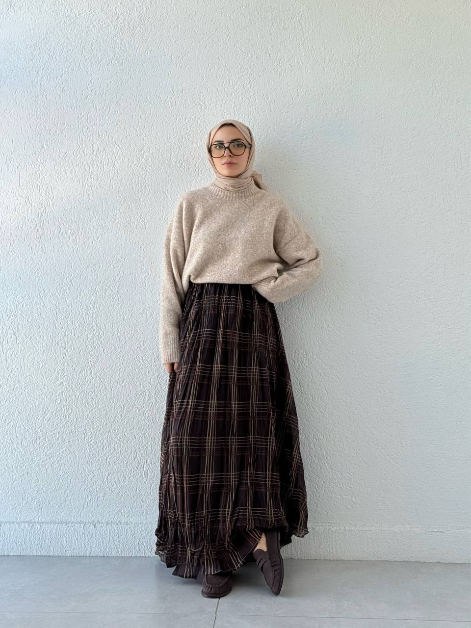 Kırışık Ekose Desen Etek 