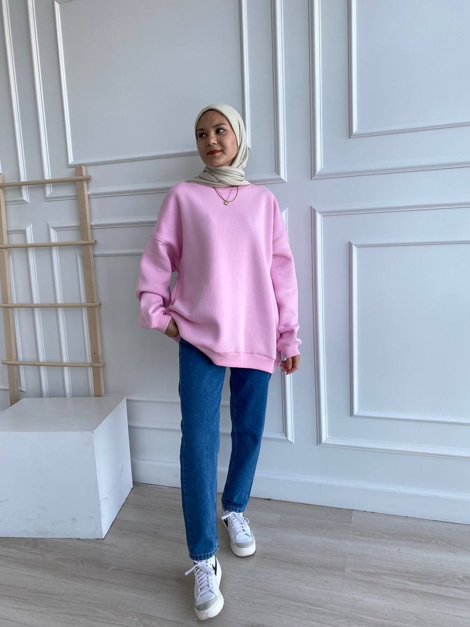 Basic Oversize Şardonlu Sweatshirt - Açık Pembe