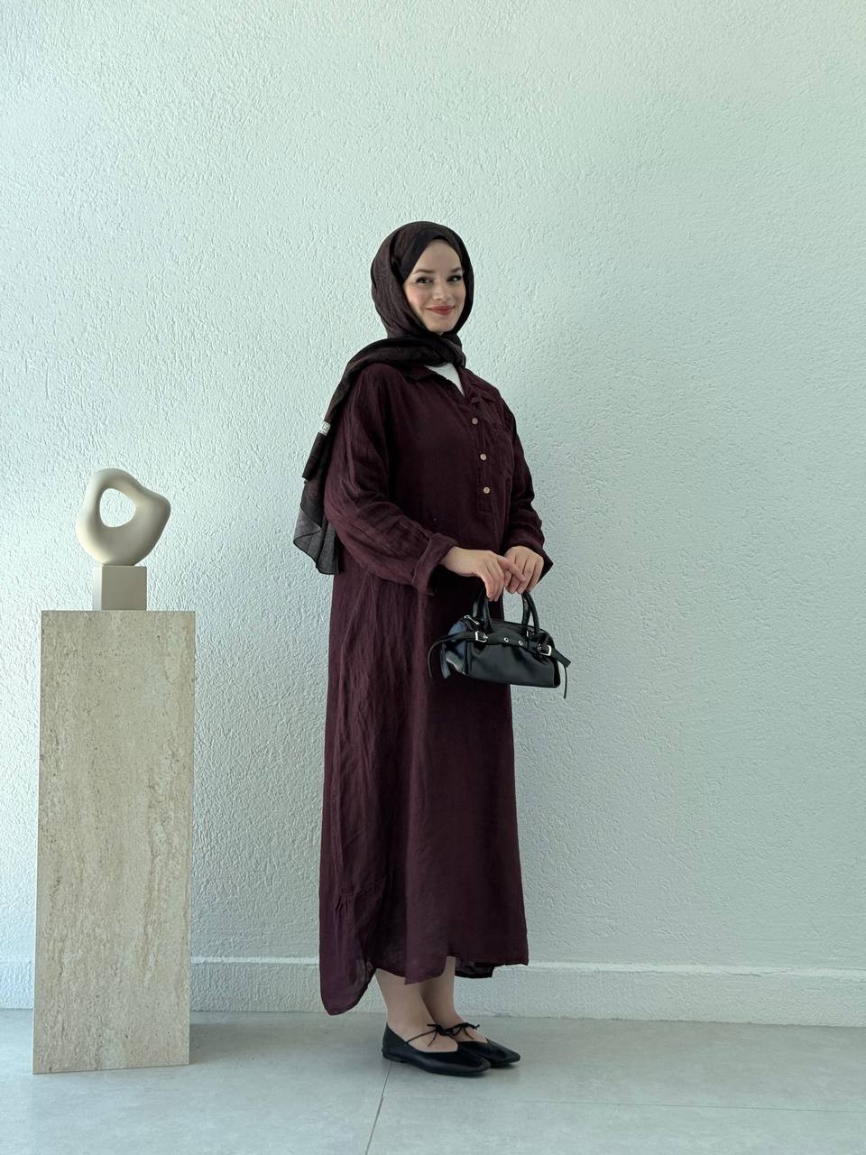 Keten Düğmeli Oversize Cepli Elbise FLR