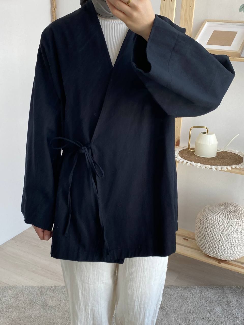 Gabardin Belden Bağlamalı Kimono - Siyah