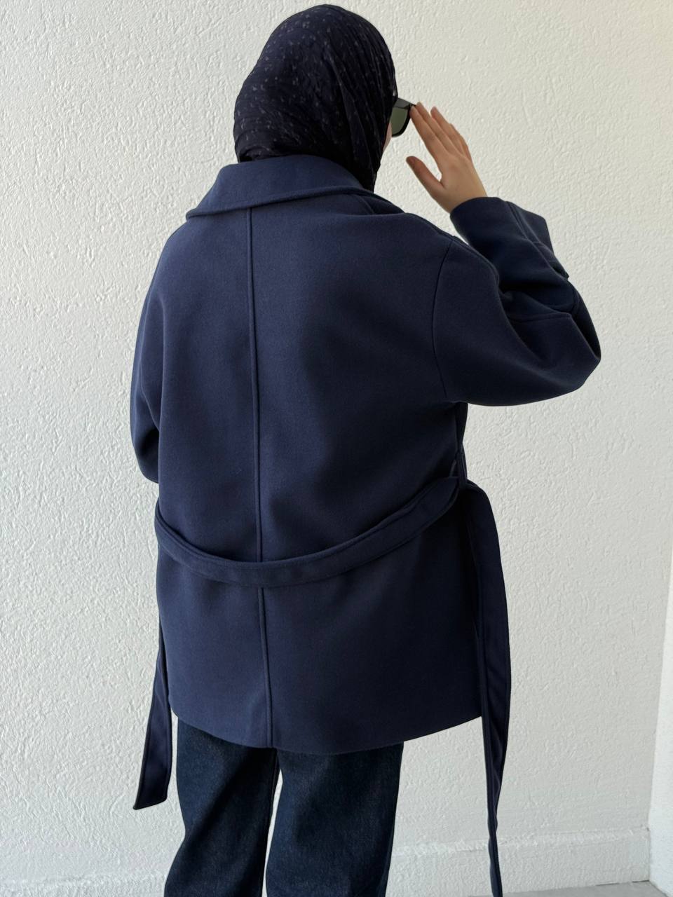 Dik Yaka Kuşaklı Kısa Kaban 250646 - Lacivert