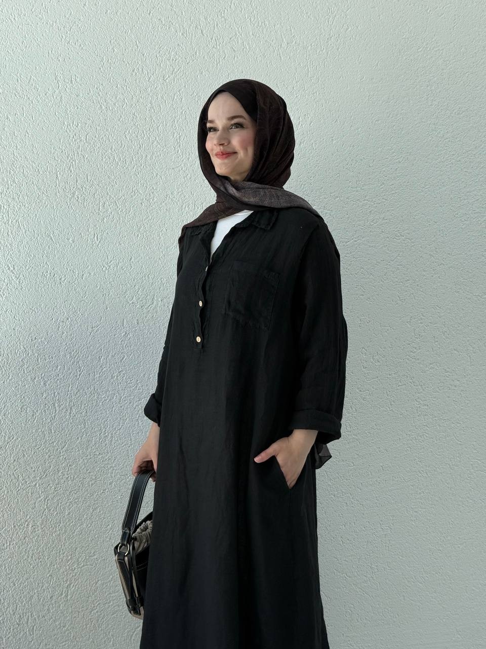 Keten Düğmeli Oversize Cepli Elbise FLR - Siyah