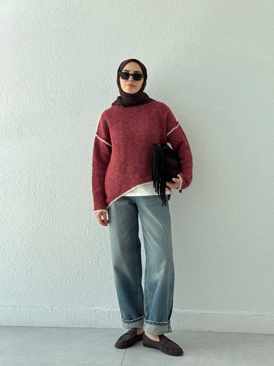 Örgü Biyeli Triko Kazak 7019 - Mercan