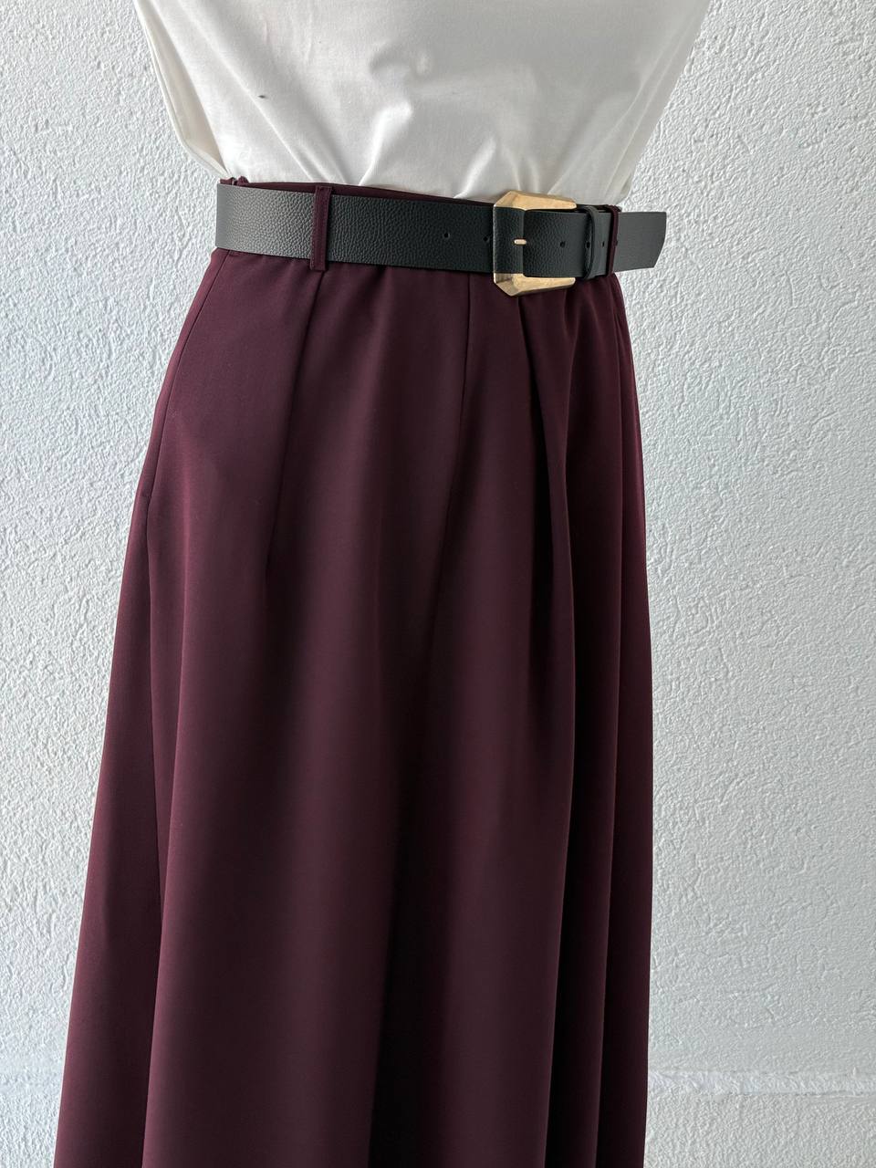 Poliviskon Pileli Yüksek Bel Kemerli Etek 3360 - bordo