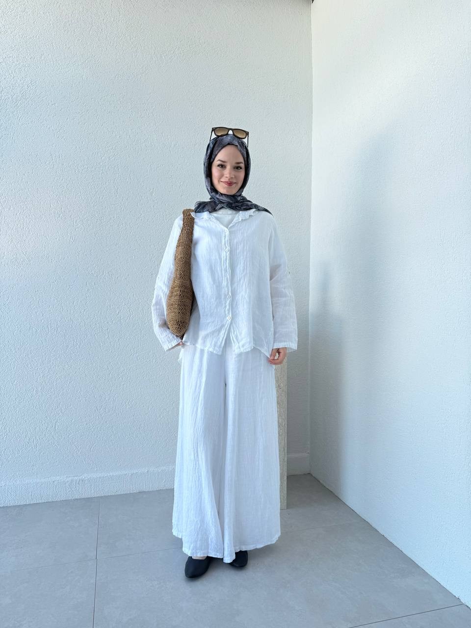 Keten Oversize Takım FLR - Beyaz
