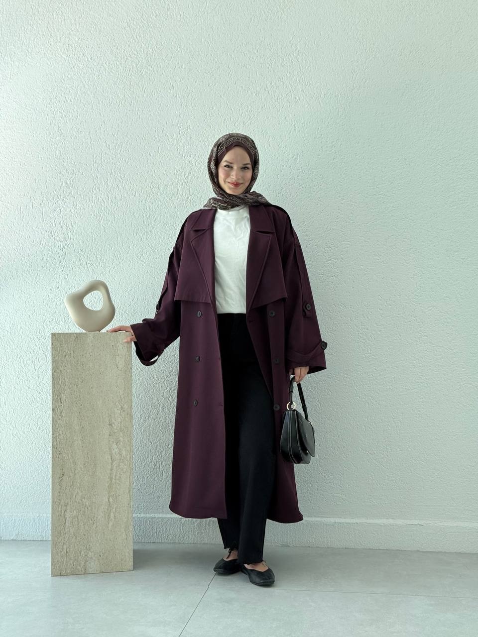 Premium Kalite Oversize Astarlı Kuşaklı Trençkot - Mürdüm