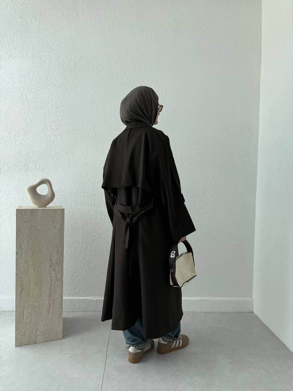 Premium Kalite Oversize Astarlı Kuşaklı Trençkot - Acı Kahve