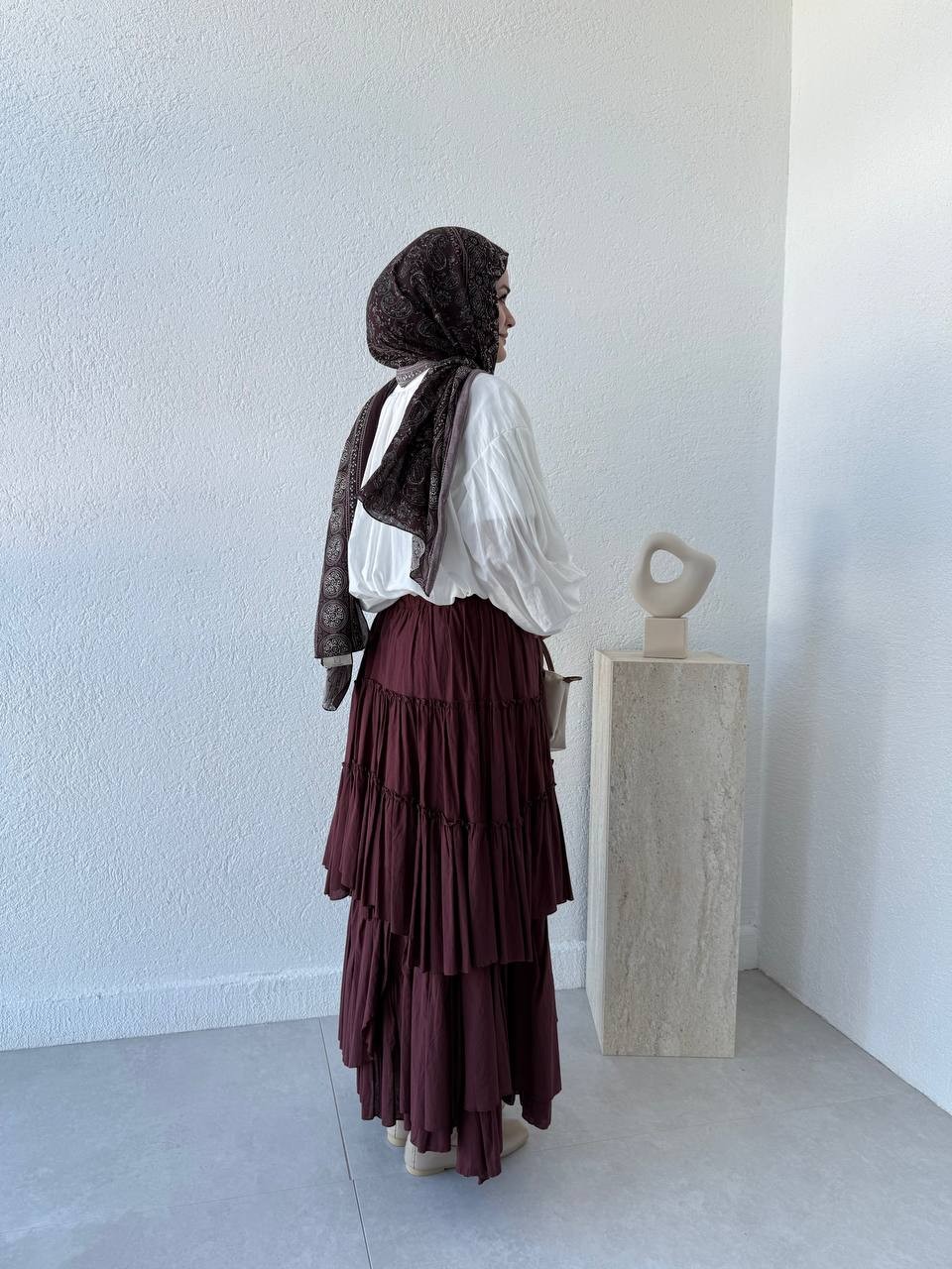 Katlı Beli Lastikli Vual Pamuk Etek 417 - bordo