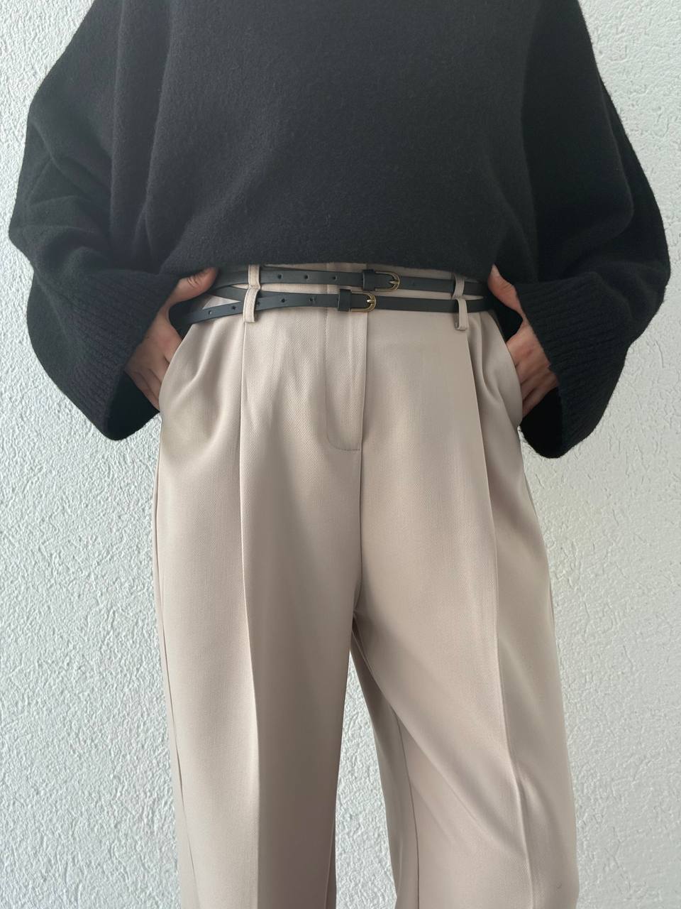 Çift Kemerli Palazzo Kumaş Pantolon 51245 - Taş