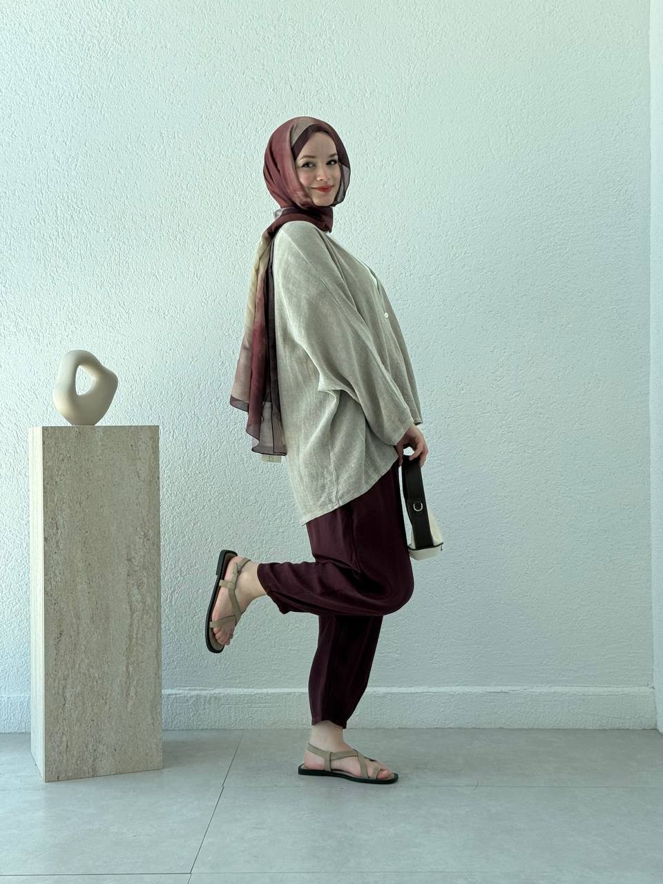 Keten Dokulu Tek Düğmeli Hırka - Kimono - Koyu vizon