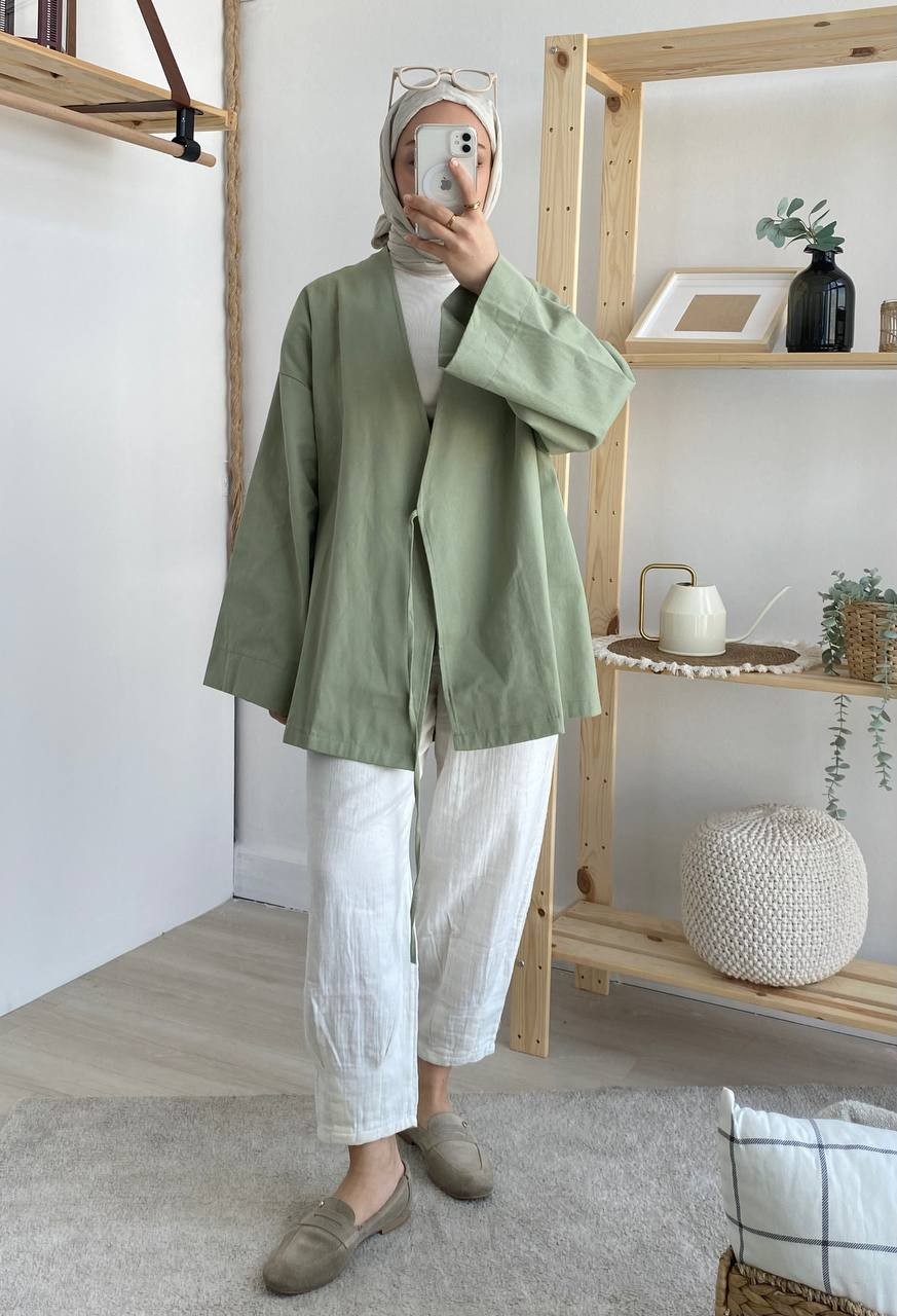 Gabardin Belden Bağlamalı Kimono - Mint