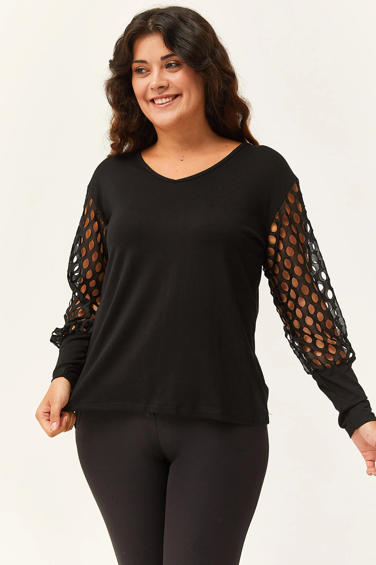 Kadın Büyük Beden Transparan File Kol Detaylı Bluz - Siyah
