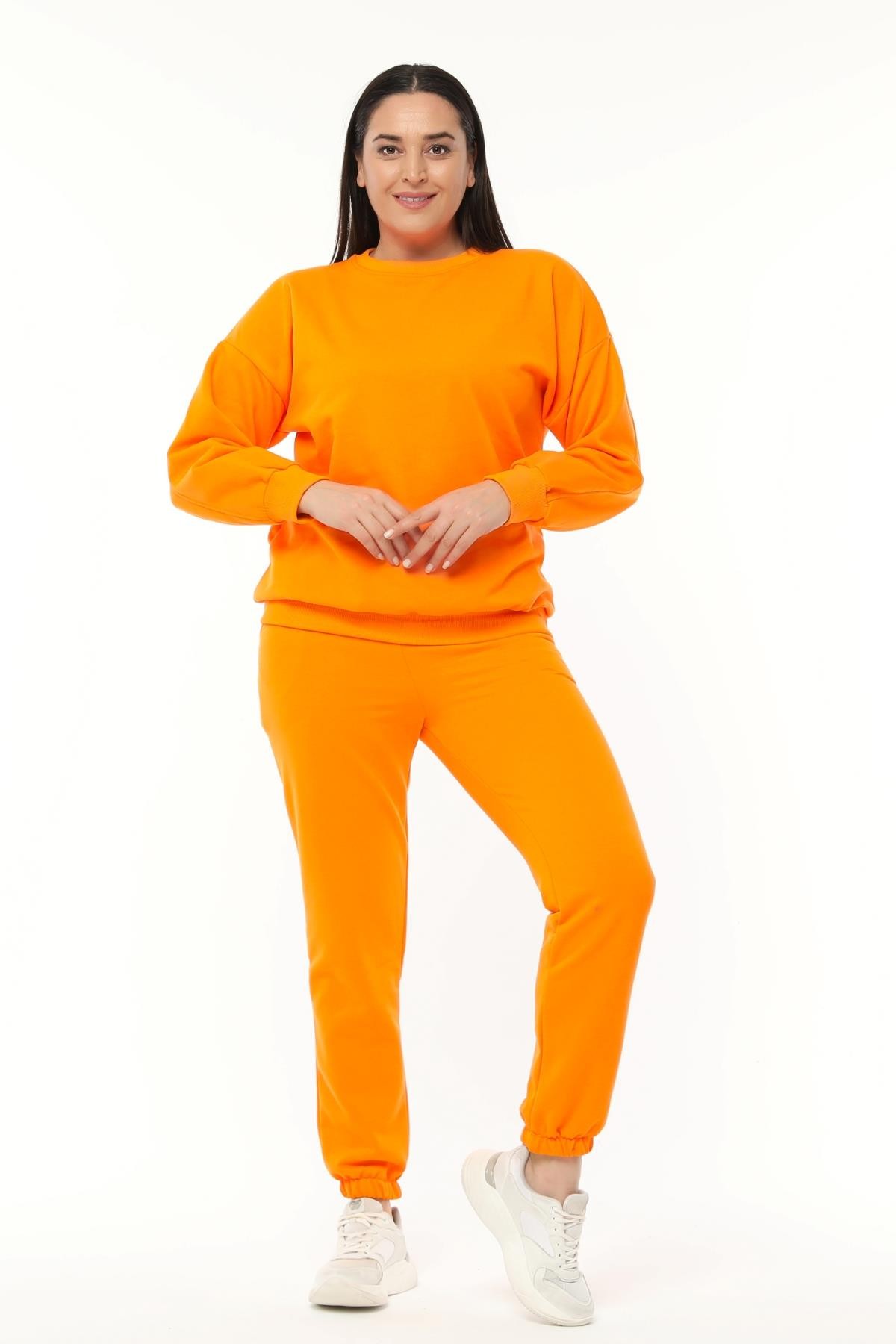 Kadın Büyük Beden Basıc Şardonlu Sweatshirt - Turuncu