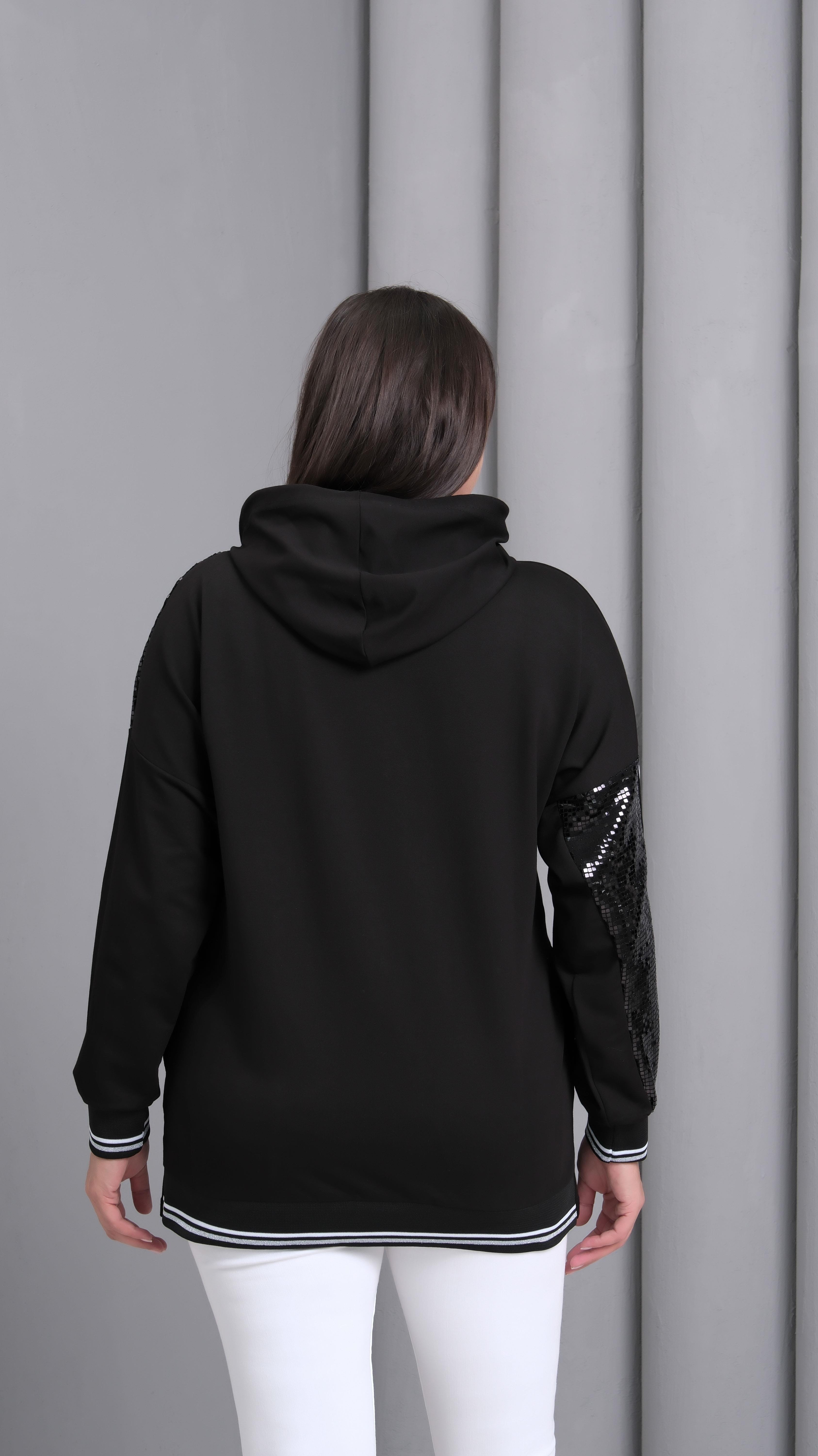 Kadın Büyük Beden Street Baskılı Fermuarlı Siyah Sweatshirt