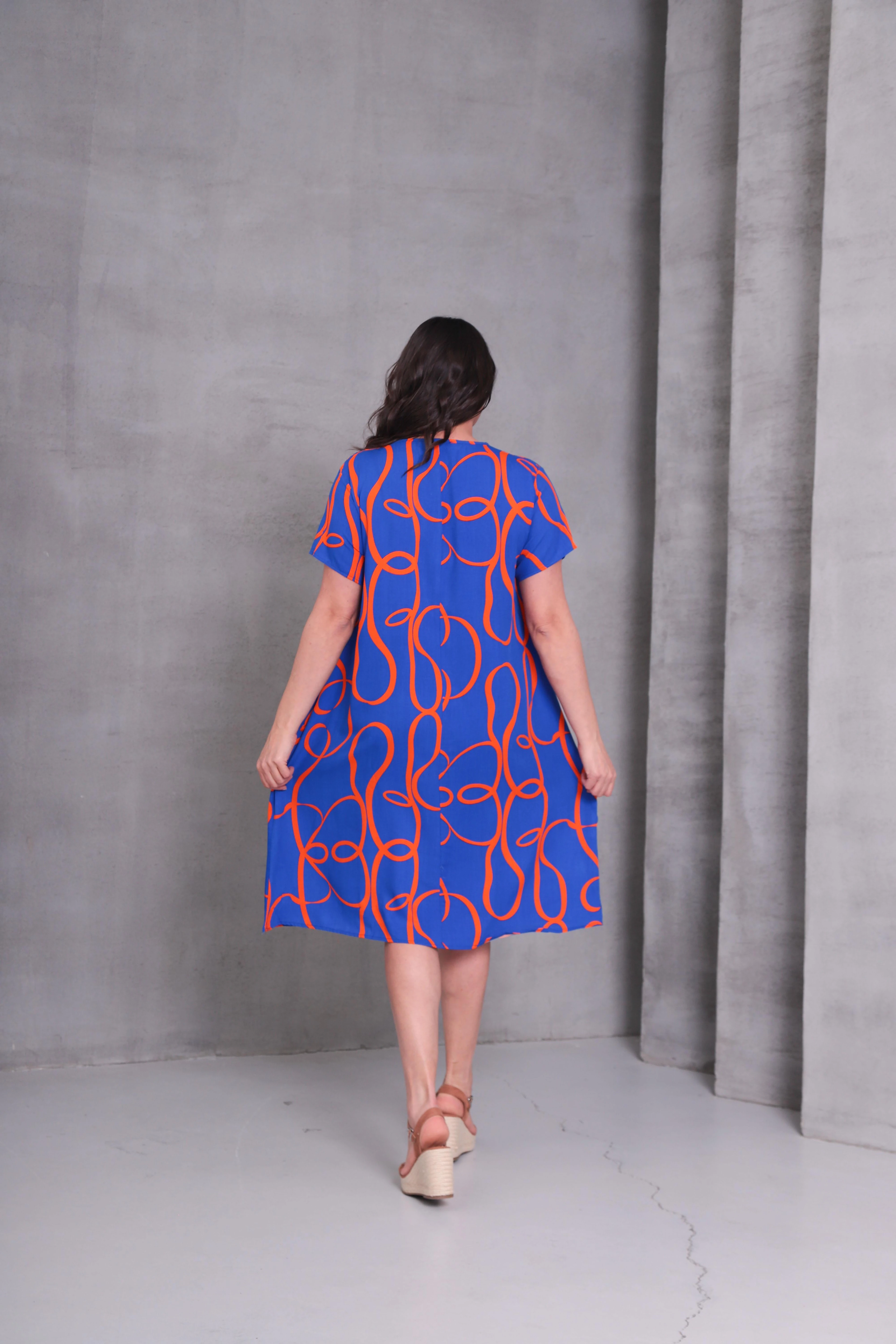 Kadın Büyük Beden Geometrik Desen Dokuma Elbise - Mavi-Turuncu