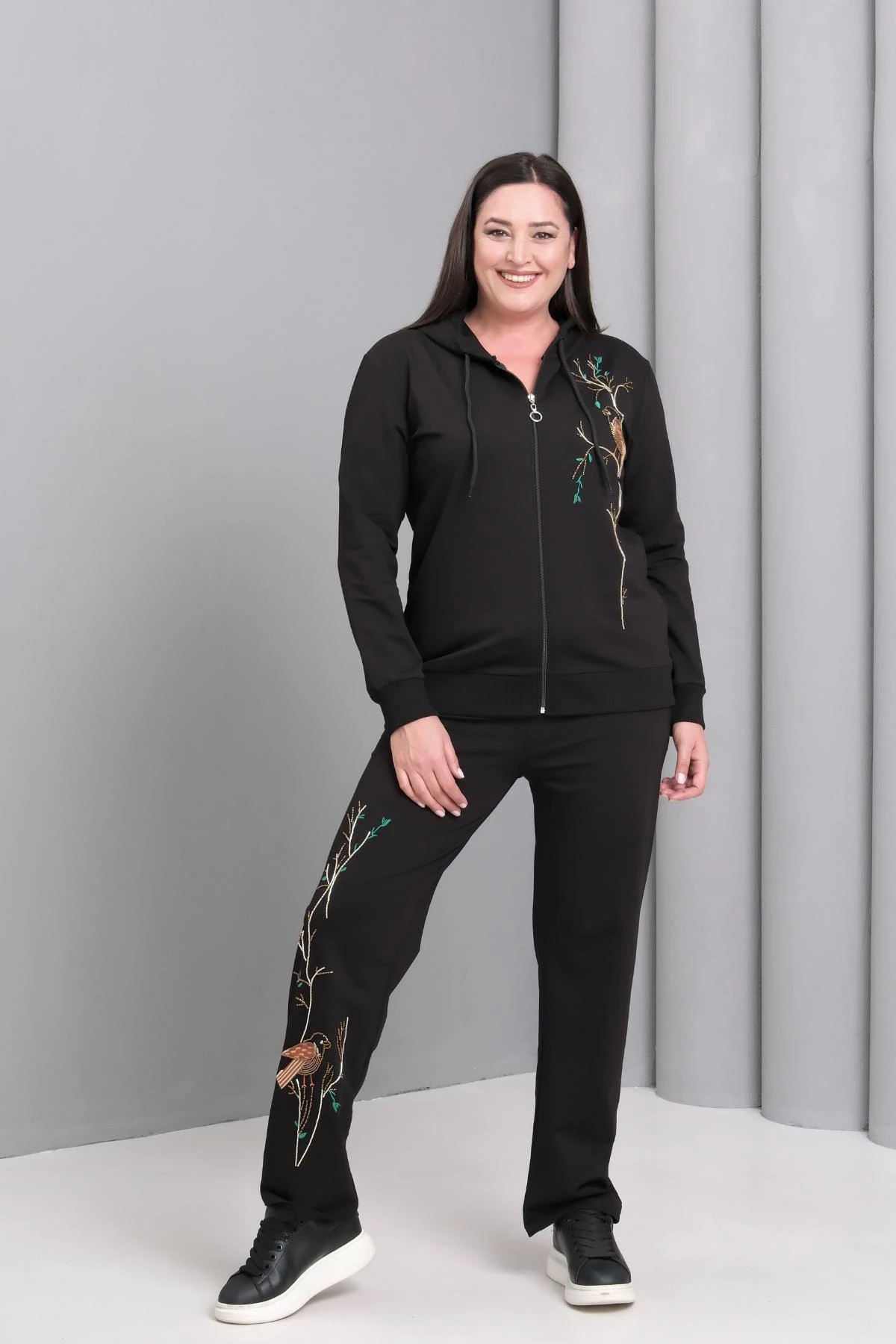 Kadın Büyük Beden Fermuarlı Siyah Eşofman Takımı - Siyah