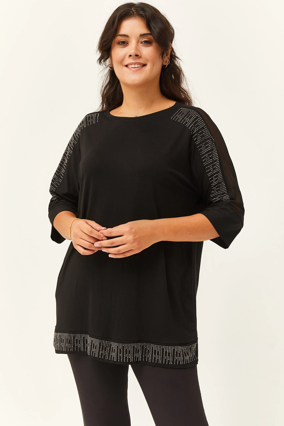 Kadın Büyük Beden Transparan Kol Taş Basklı Siyah Bluz - Siyah