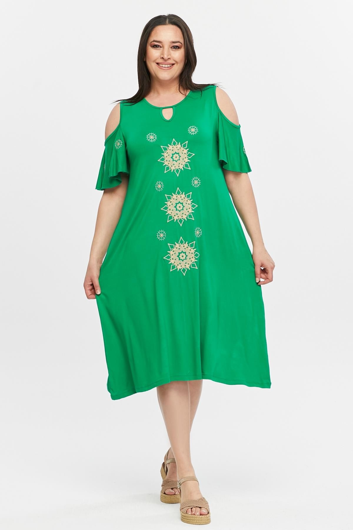 Kadın Büyük Beden Omuz Dekolteli Nakışlı Elbise - Yeşil