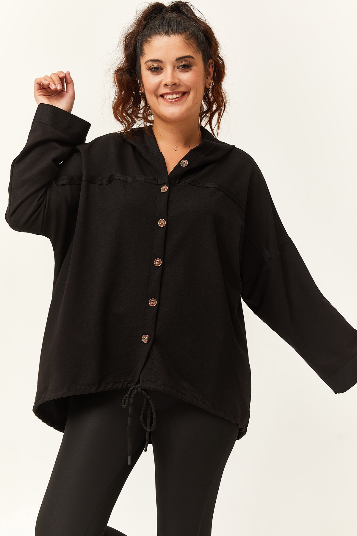 Kadın Büyük Beden Önden Düğmeli Kapüşonlu Salaş Sweatshirt - Siyah