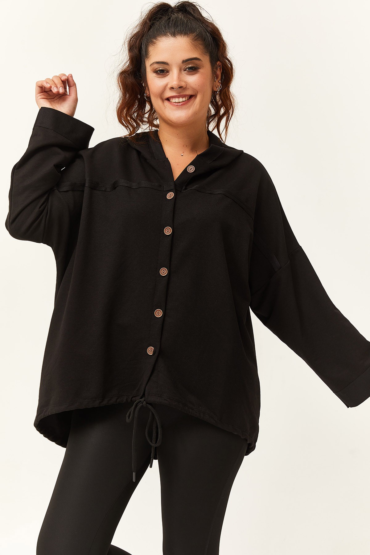 Kadın Büyük Beden Önden Düğmeli Kapüşonlu Salaş Sweatshirt