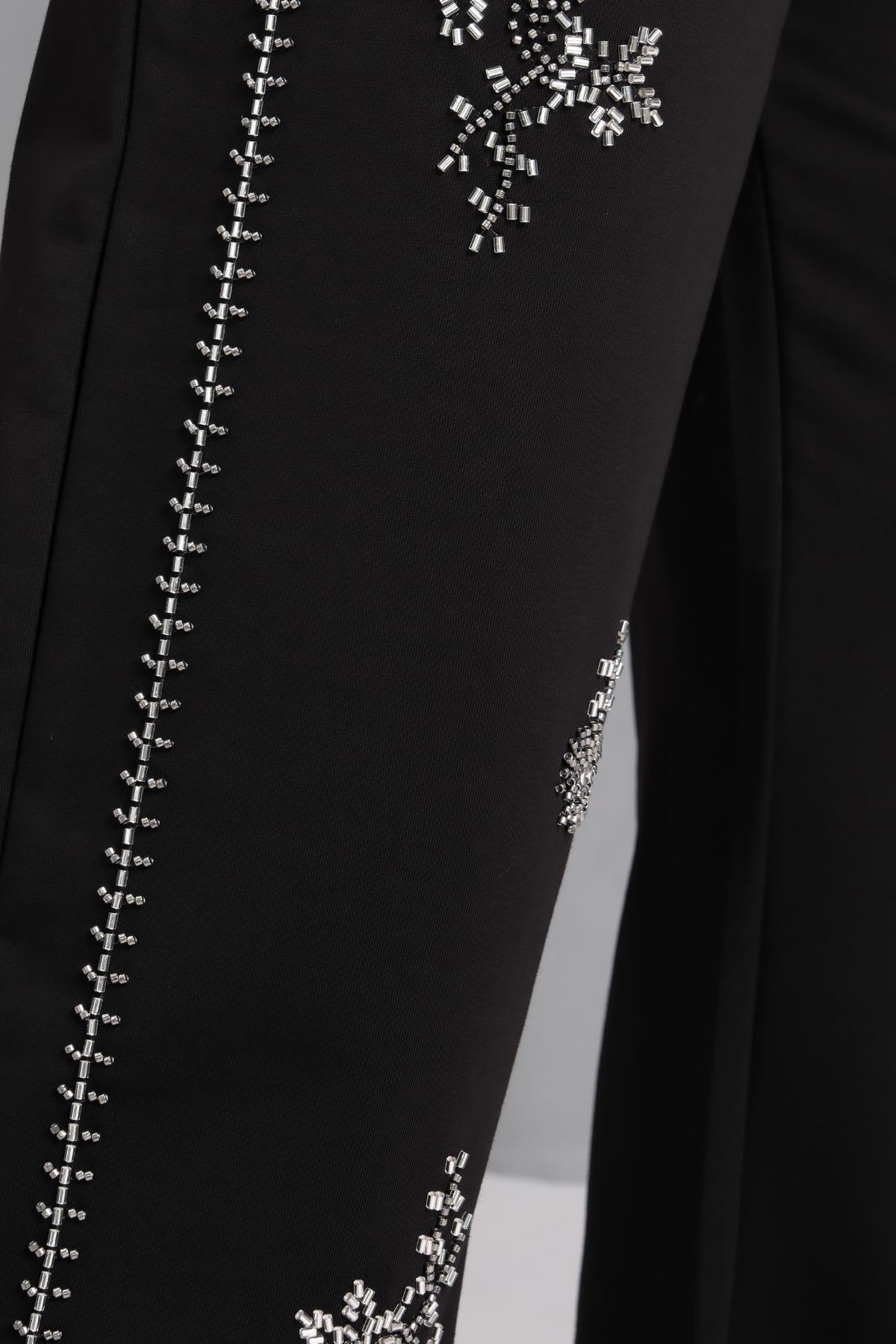 Kadın Büyük Beden Boncuk İşlemeli Siyah Eşofman Takımı - Siyah