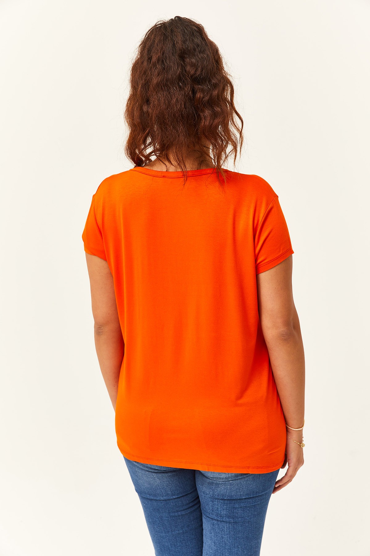 Kadın Büyük Beden V Yaka Basic Kısa Kollu T-Shirt - Turuncu
