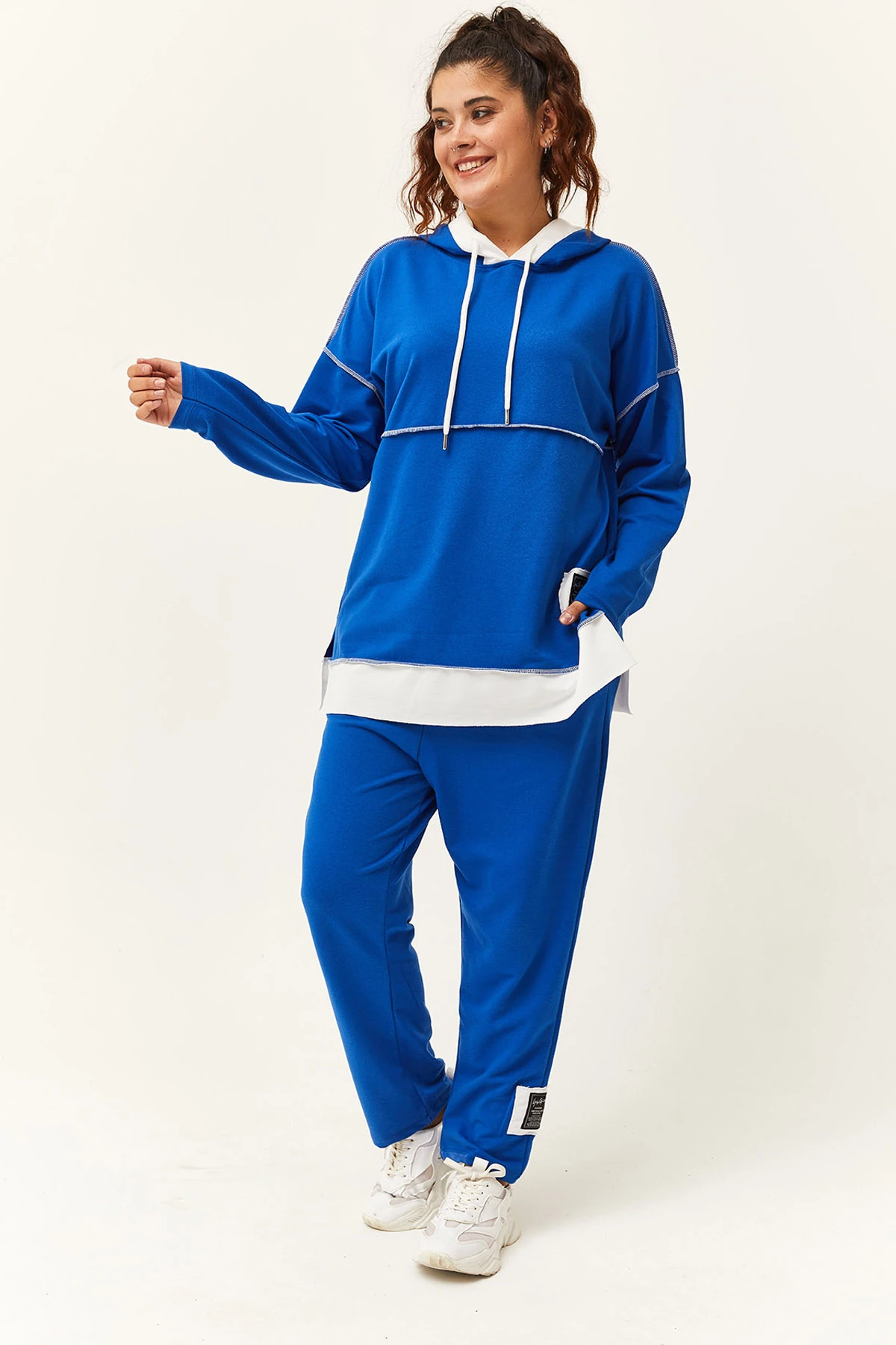 Kadın Büyük Beden Şerit Garni Detaylı Eşofman Takımı - Mavi