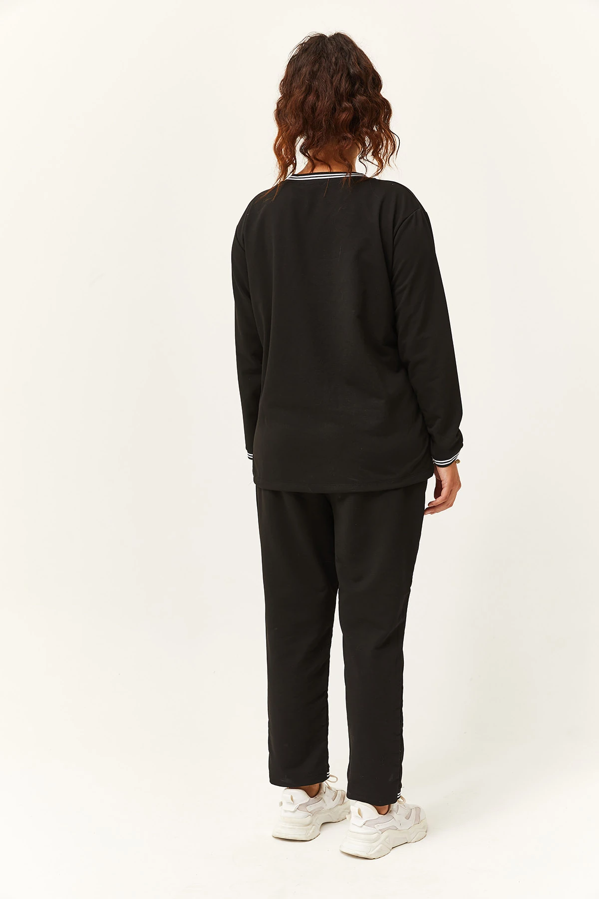 Kadın Büyük Beden Çizgili Eşofman Takımı - Siyah