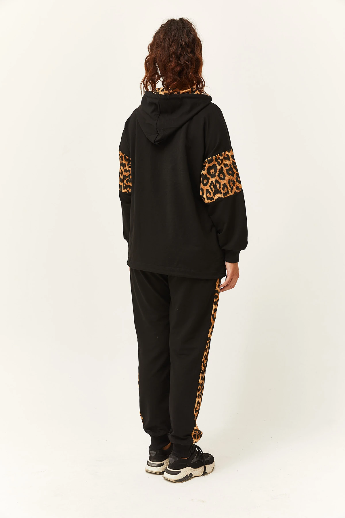 Kadın Büyük Beden Leopar Garnili Eşofman Takımı - Siyah