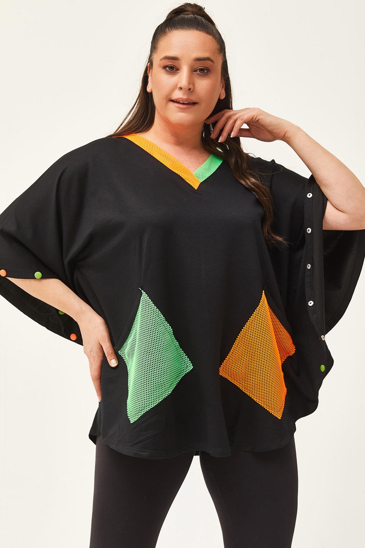 Kadın Büyük Beden Ekstra Rahat Kalıp Renkli File Cep Detay Bluz