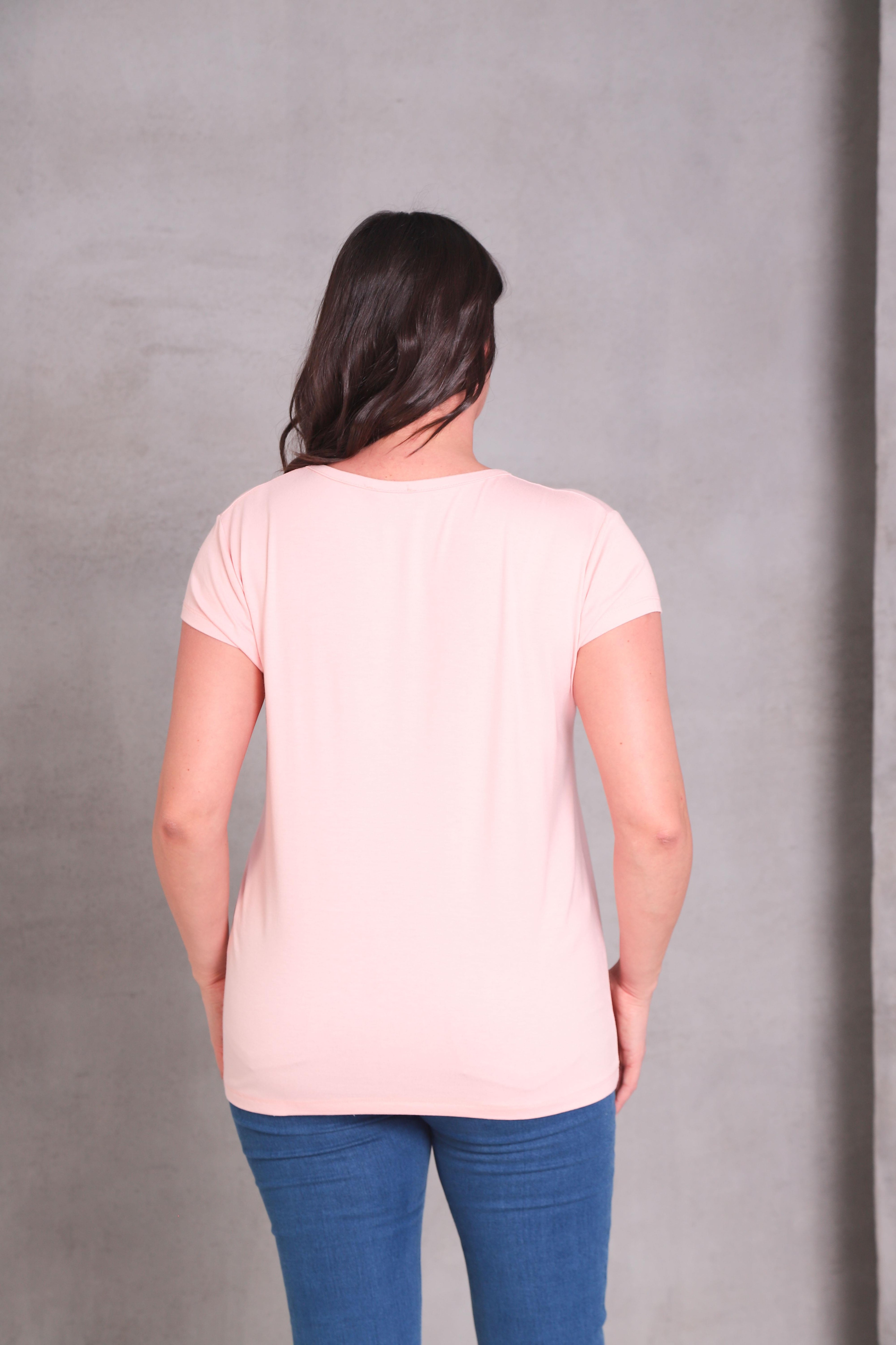 Kadın Büyük Beden V Yaka Basic Kısa Kollu T-Shirt - Pudra