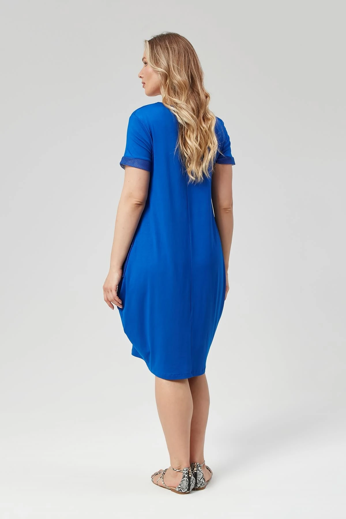 Kadın Büyük Beden Cep ve Kol File Detaylı Elbise - Mavi