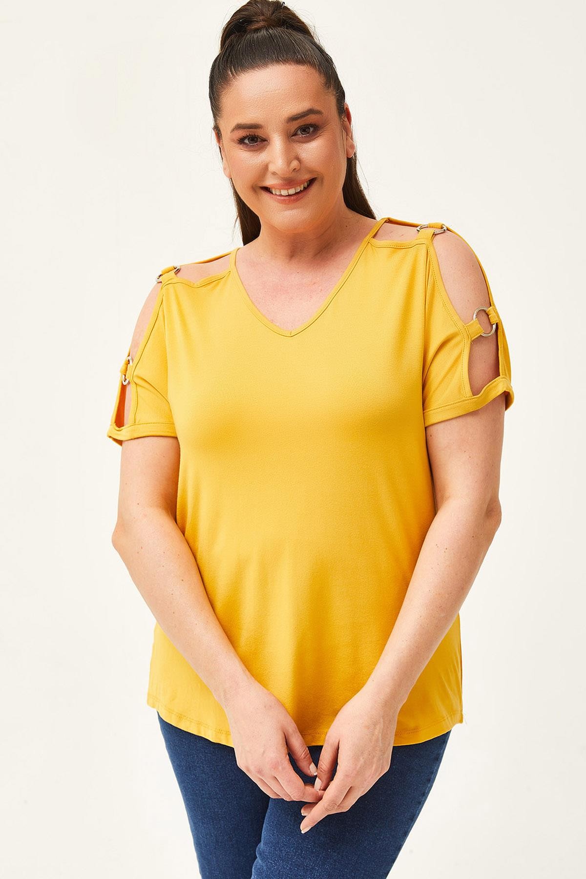 Kadın Büyük Beden Omzu Halka Detay Bluz - Sarı