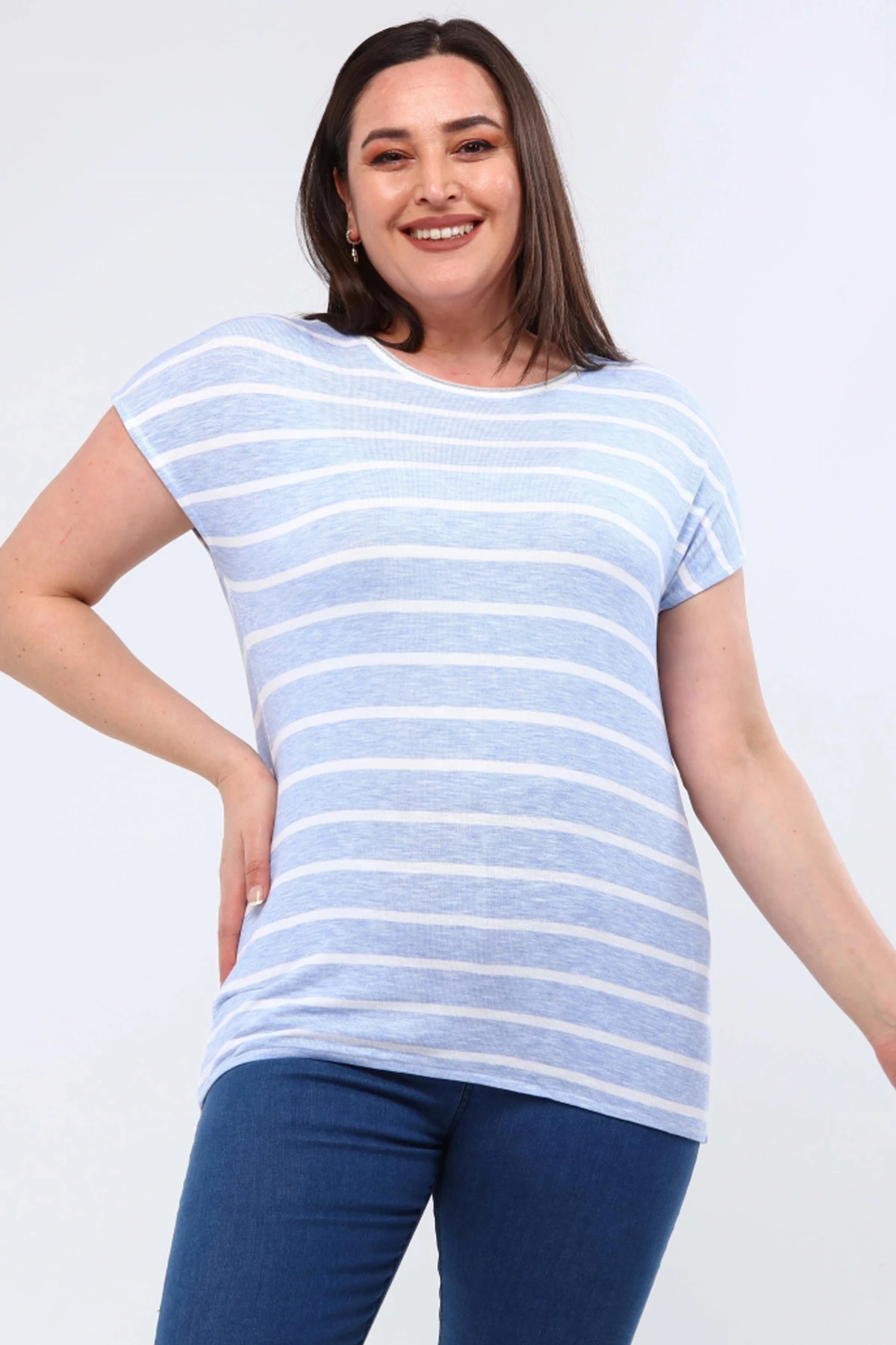 Kadın Geniş Beden Aralıklı Lastikli Bel Çizgili Bluz - Mavi