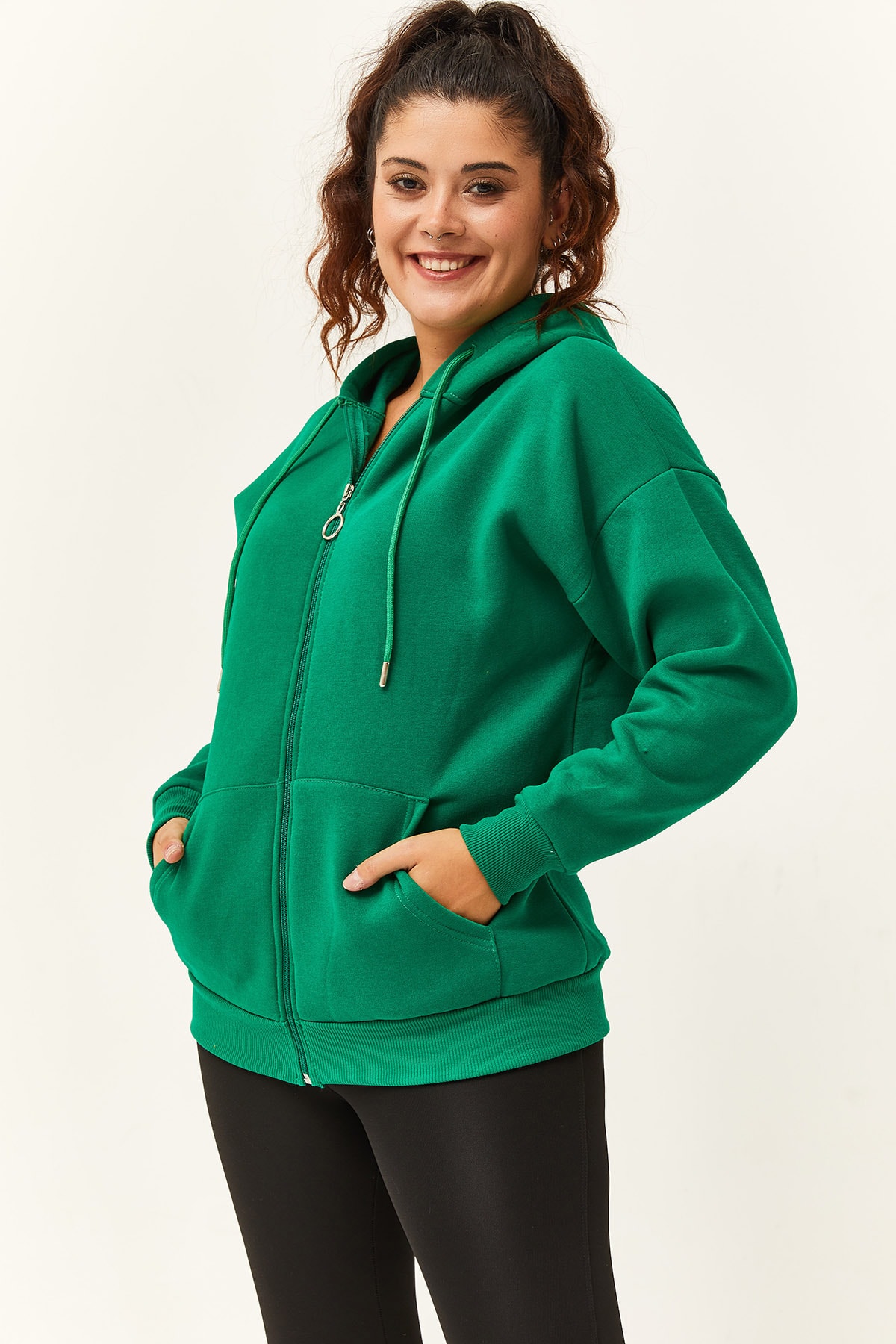 Kadın Büyük Beden Şardonlu Fermuarlı Kalın Sweatshirt - Yeşil