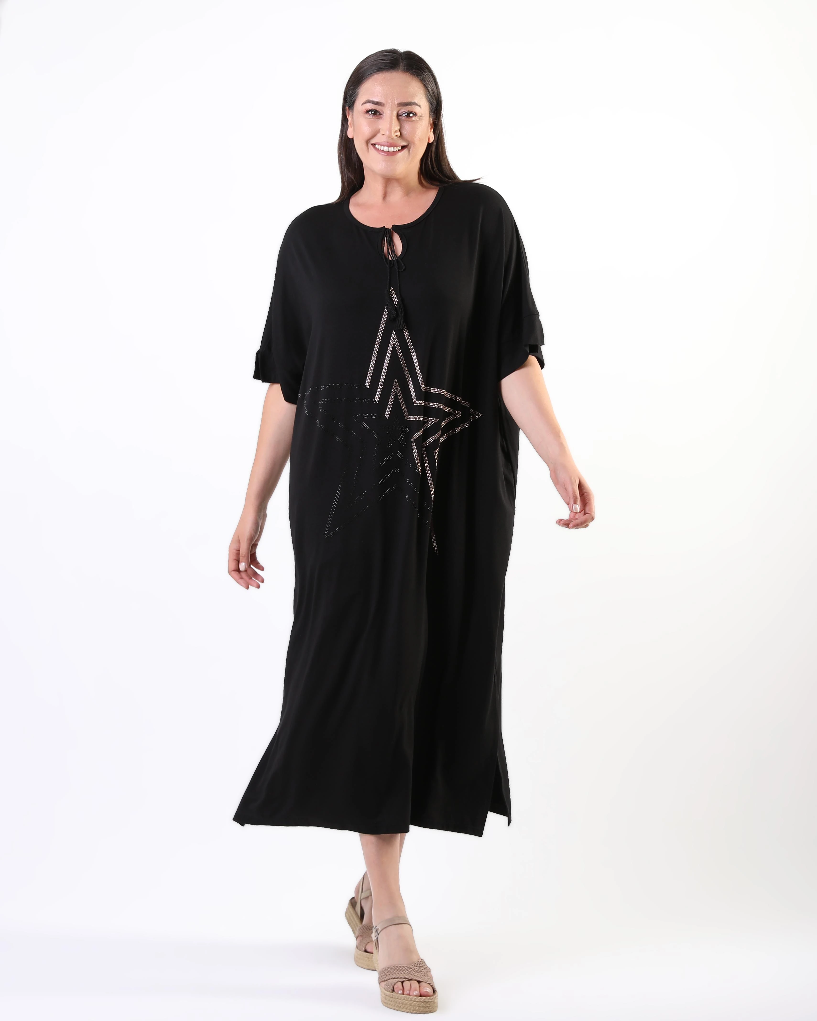 Kadın Büyük Beden Ekstra Rahat Kalıp Yıldız Baskılı Elbise