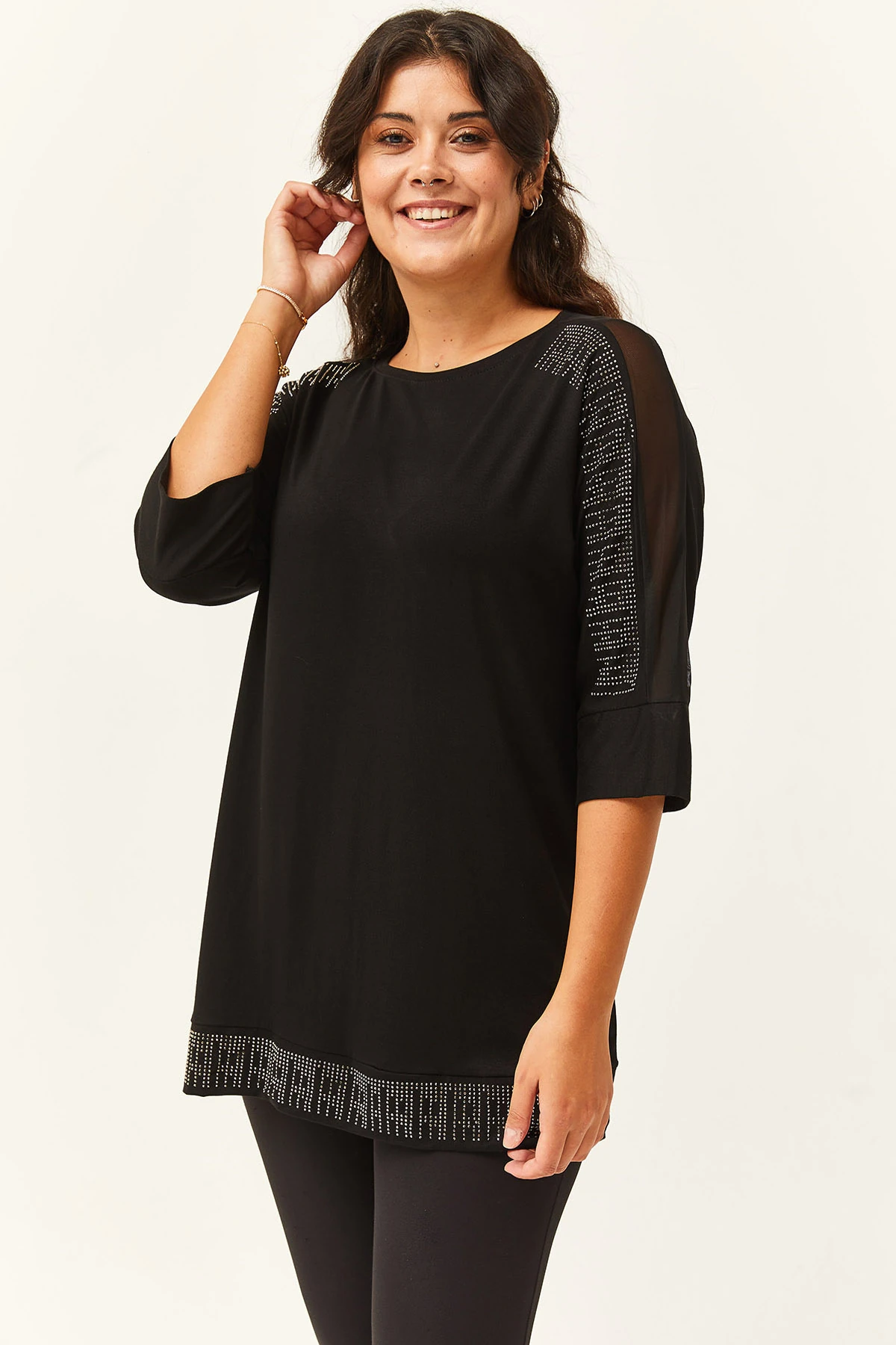 Kadın Büyük Beden Transparan Kol Taş Basklı Siyah Bluz - Siyah