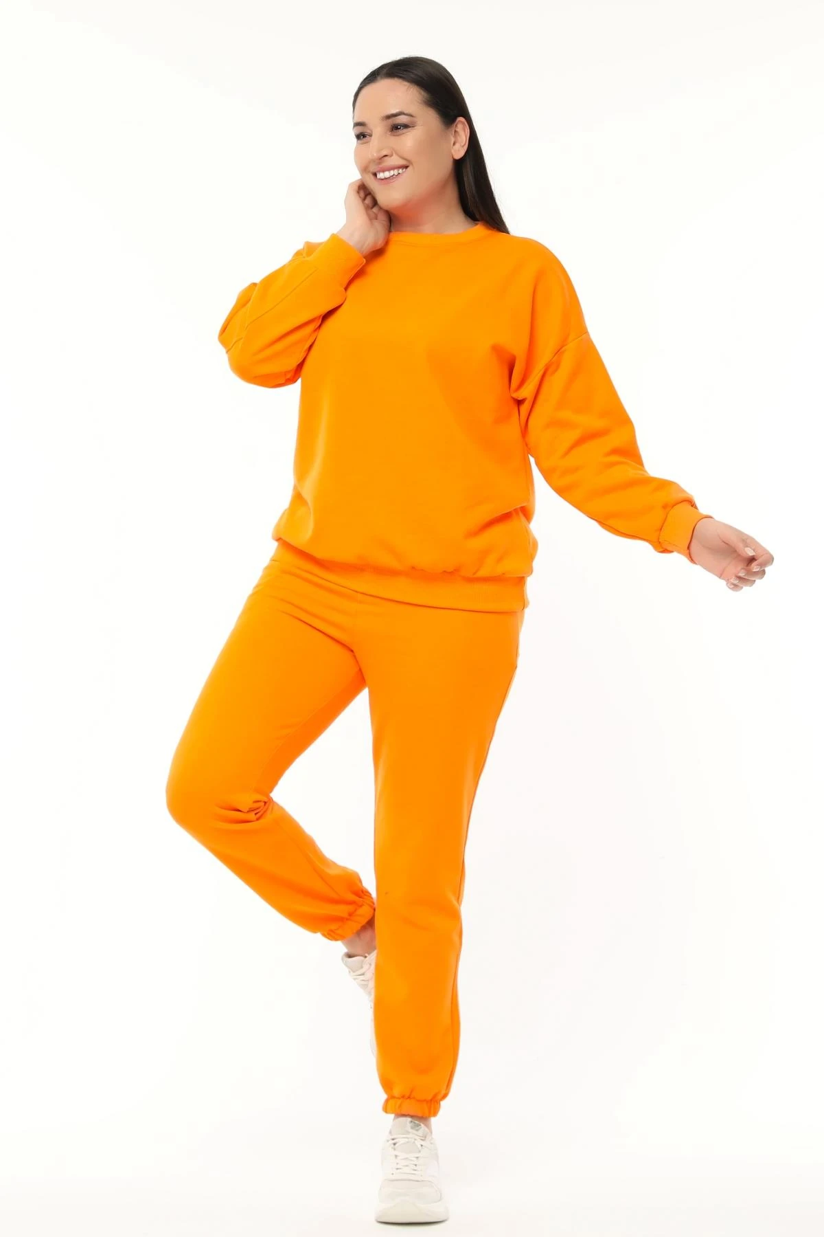 Kadın Büyük Beden Basıc Şardonlu Sweatshirt - Turuncu