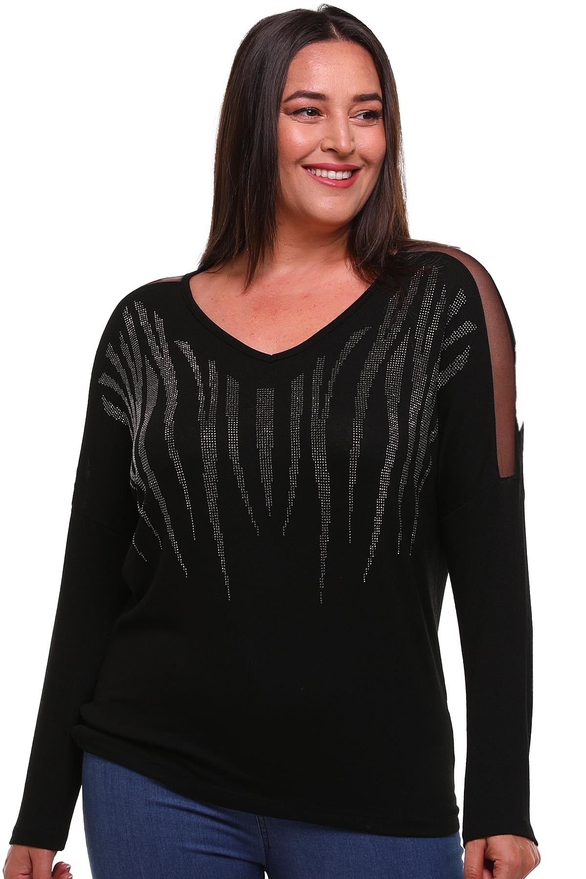 Kadın Büyük Beden Omzu Tül Önü Taş Detaylı Bluz