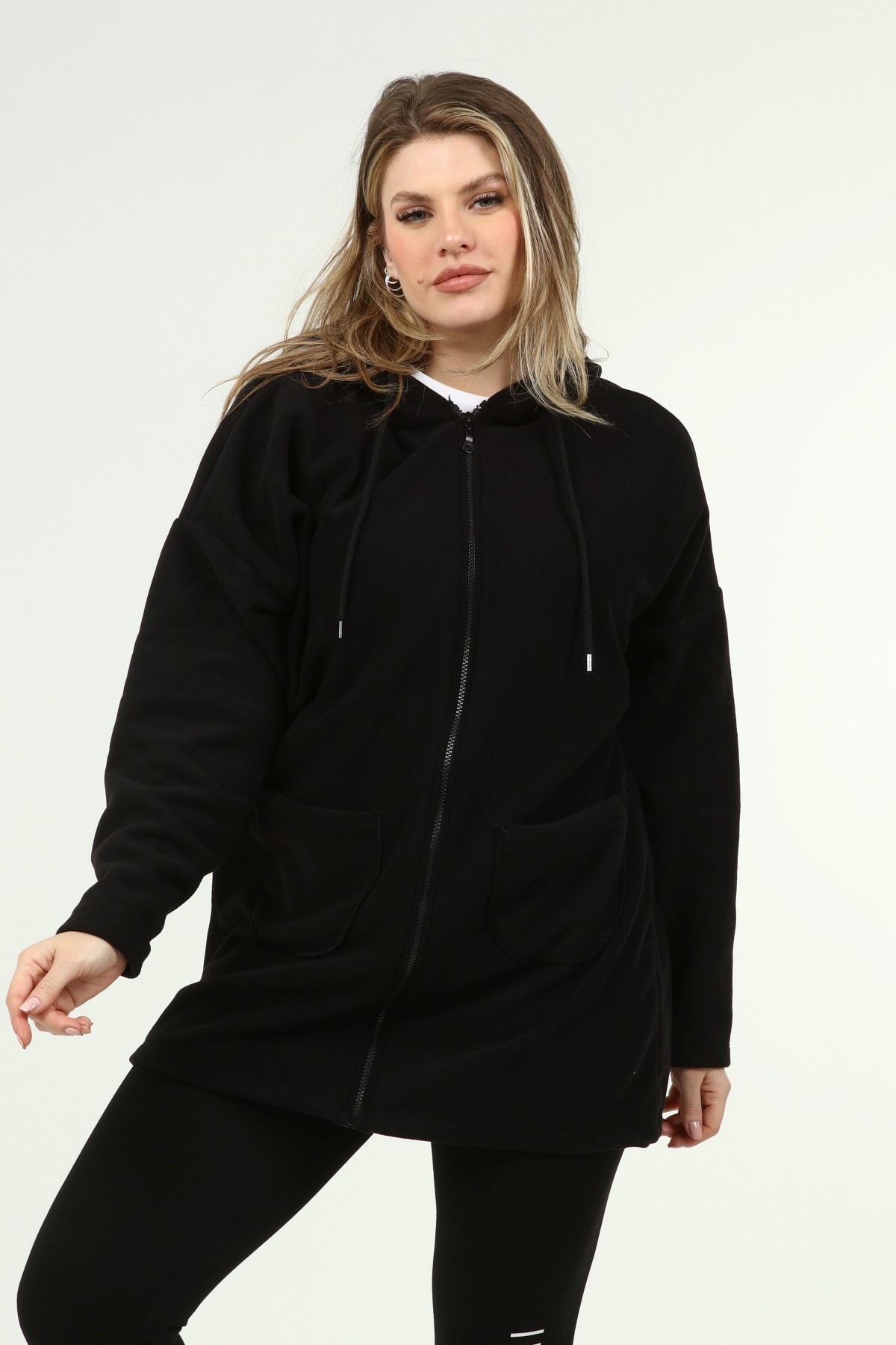 Kadın Büyük Beden Fermuarlı Basic Uzun Polar Sweatshirt