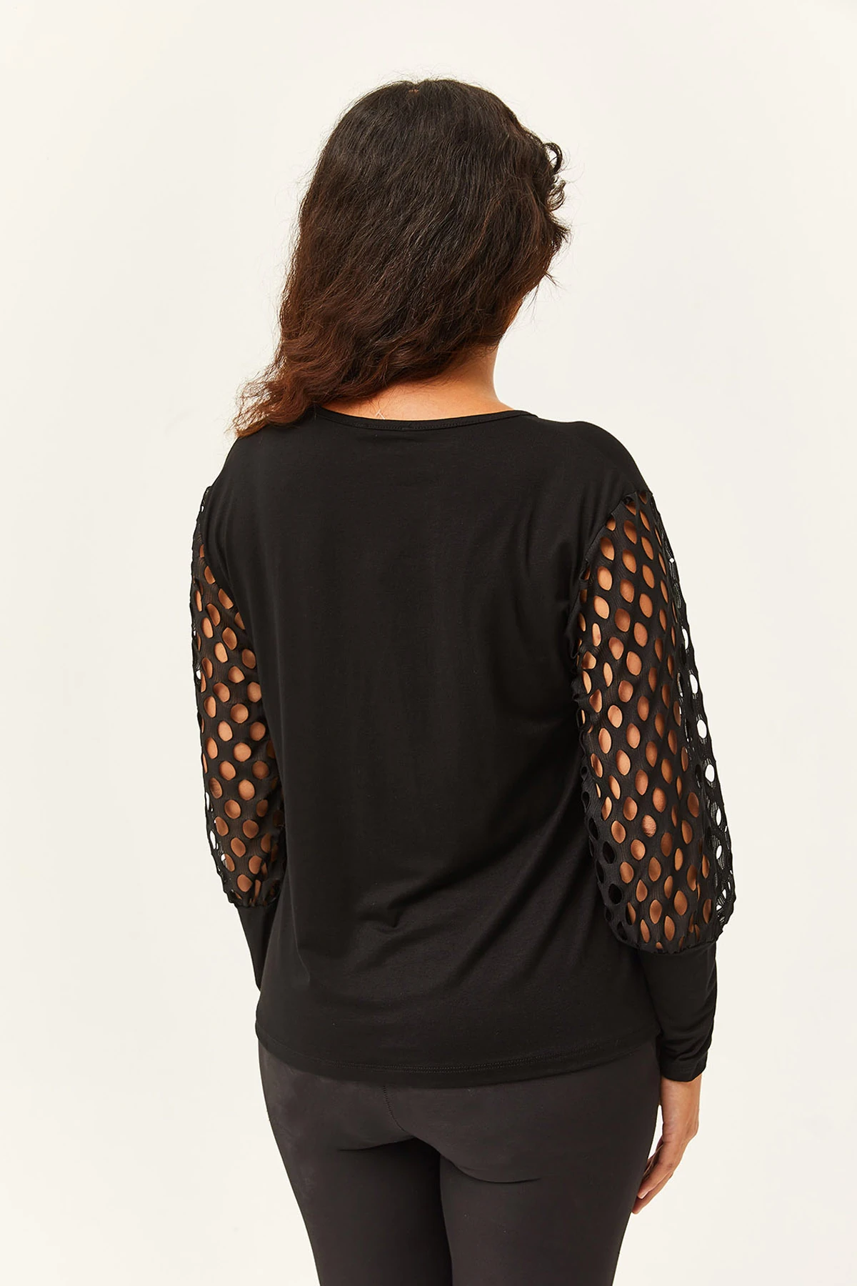 Kadın Büyük Beden Transparan File Kol Detaylı Bluz - Siyah