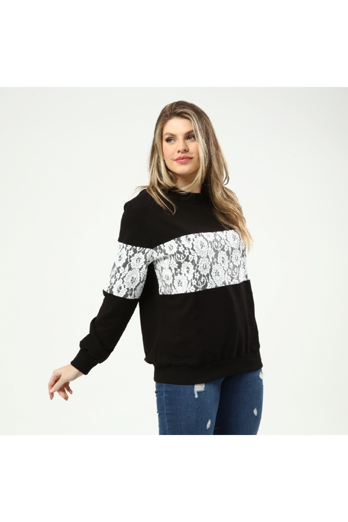 Kadın Büyük Beden Dantel Garnili Sweatshirt