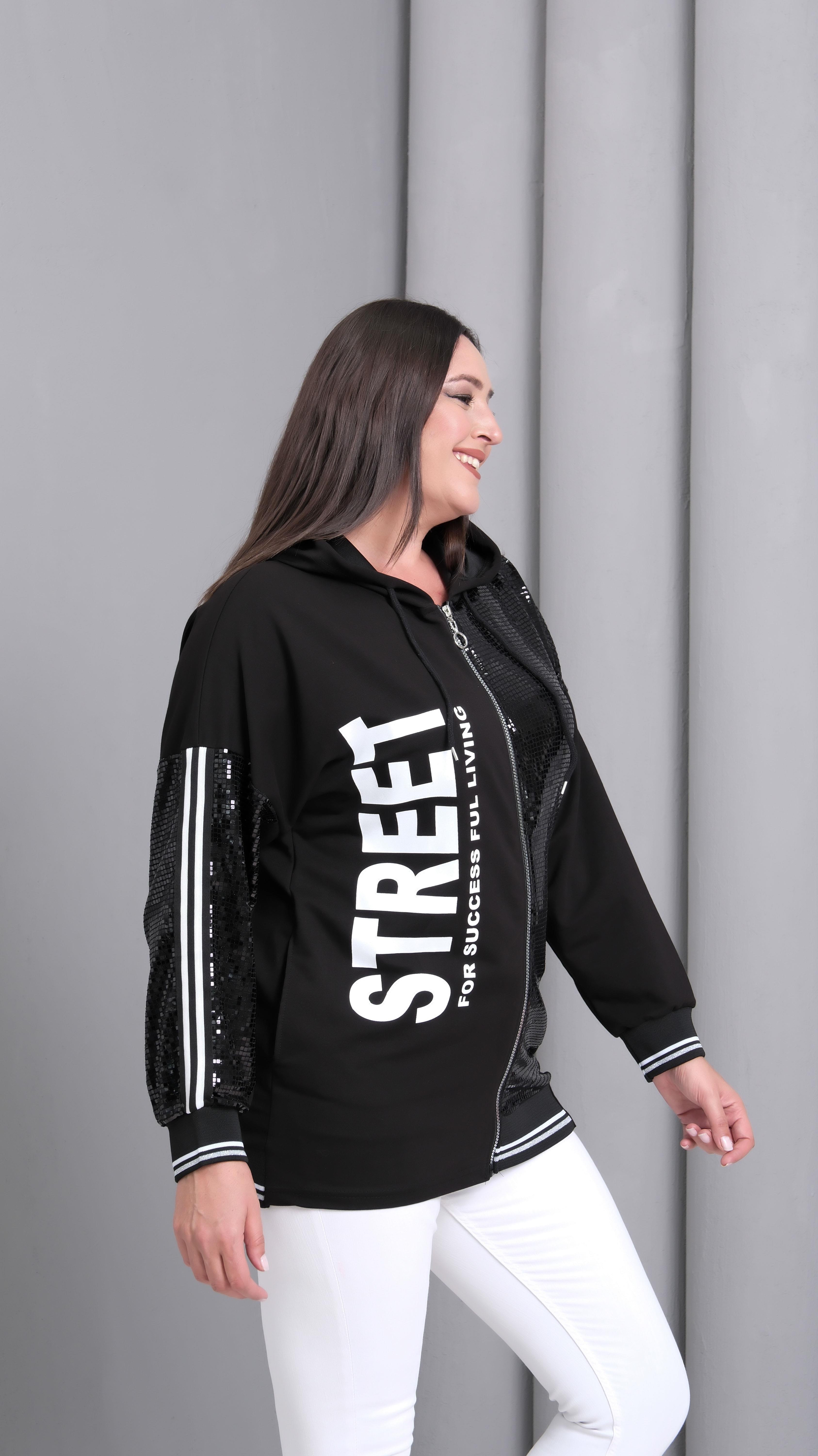 Kadın Büyük Beden Street Baskılı Fermuarlı Siyah Sweatshirt