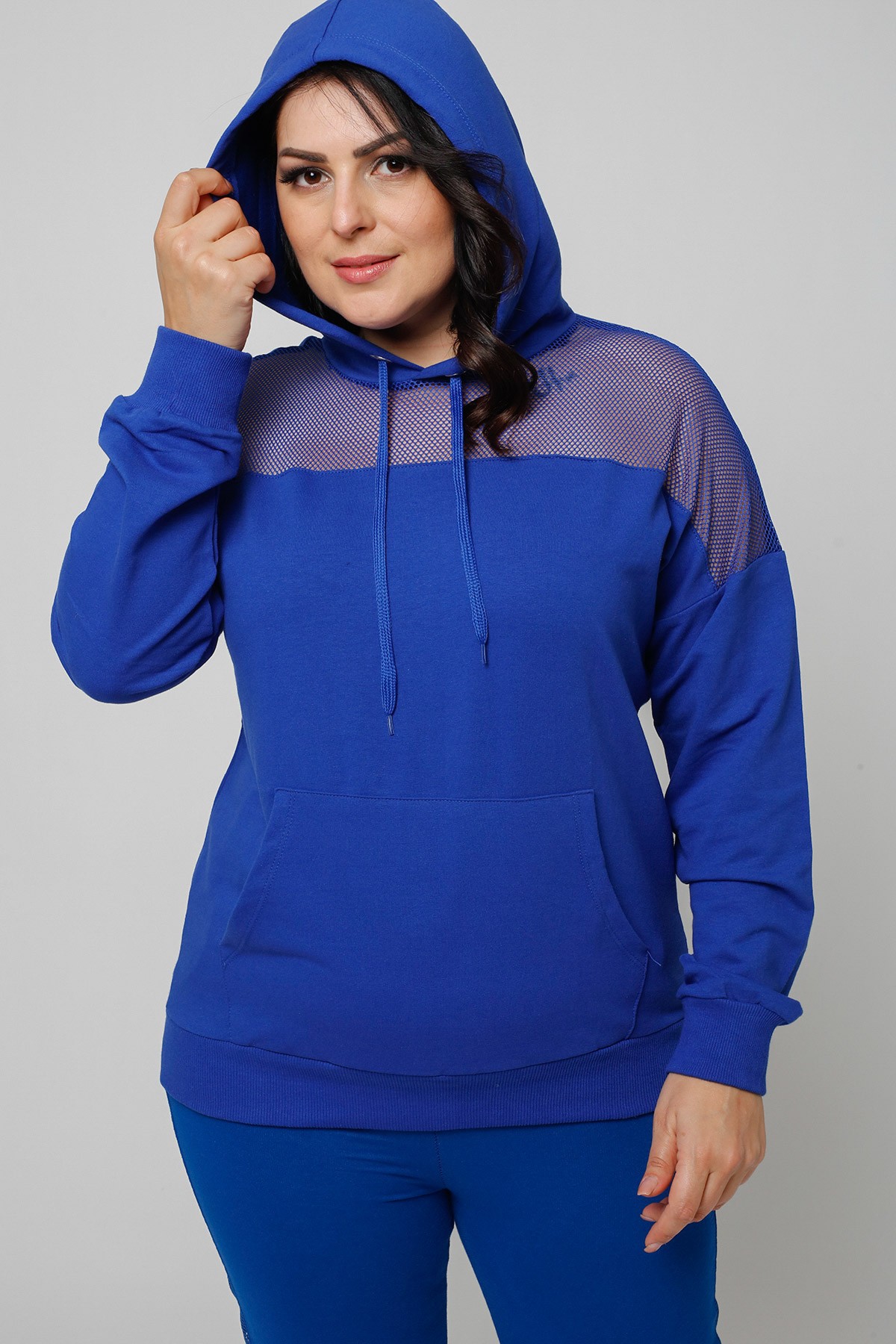 Kadın Büyük Beden Omuz File Detaylı Cepli Ve Kapüşonlu Sweatshirt - Mavi