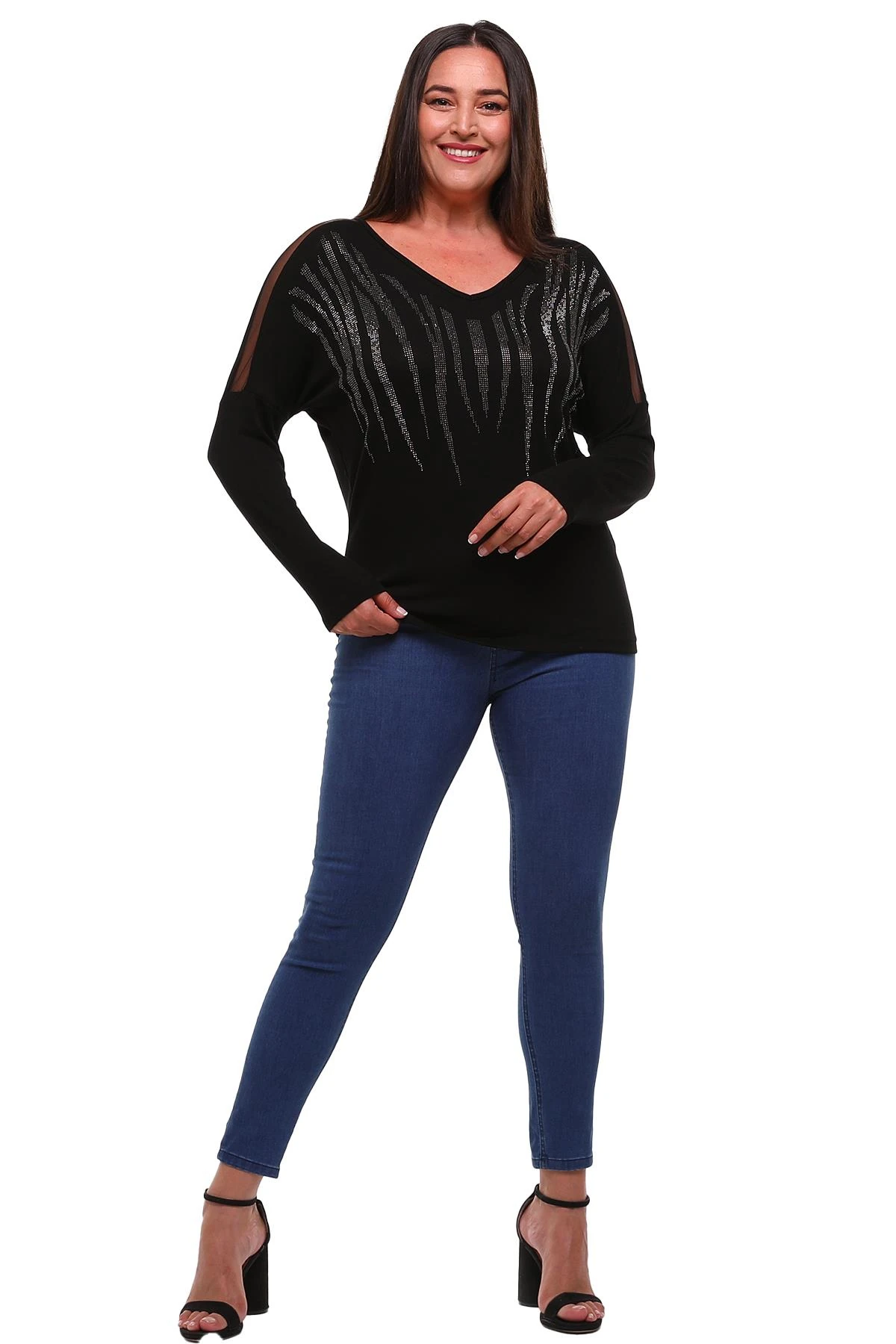 Kadın Büyük Beden Omzu Tül Önü Taş Detaylı Bluz - Siyah