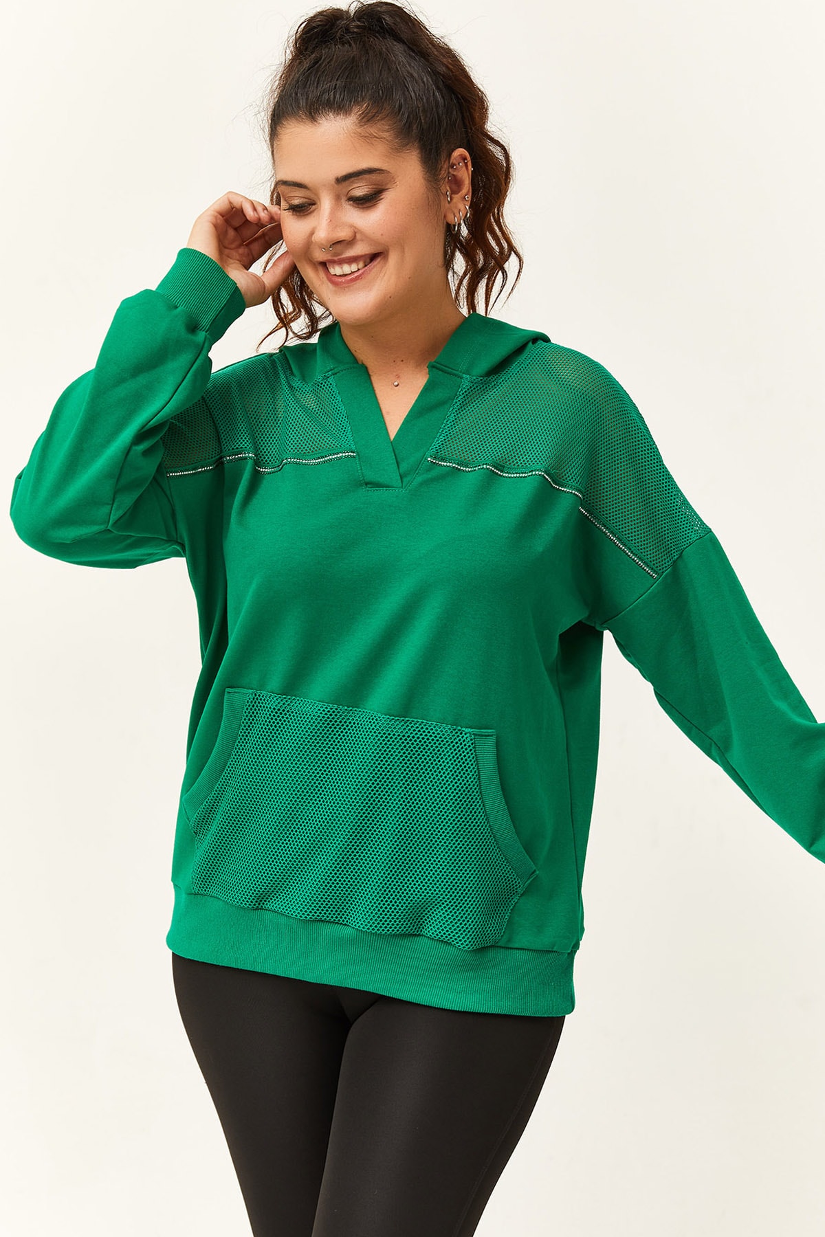 Kadın Büyük Beden File Detaylı Kapüşonlu Sweatshirt - Yeşil